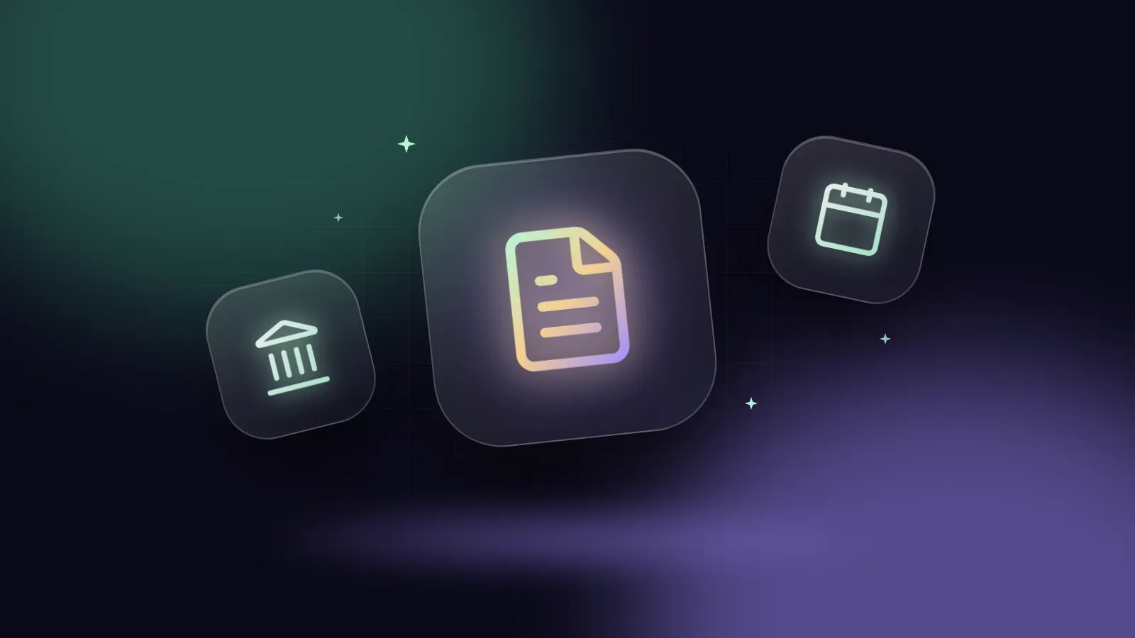 Glass tiles with a document, a landmark and a calendar icon on a dark gradient background
