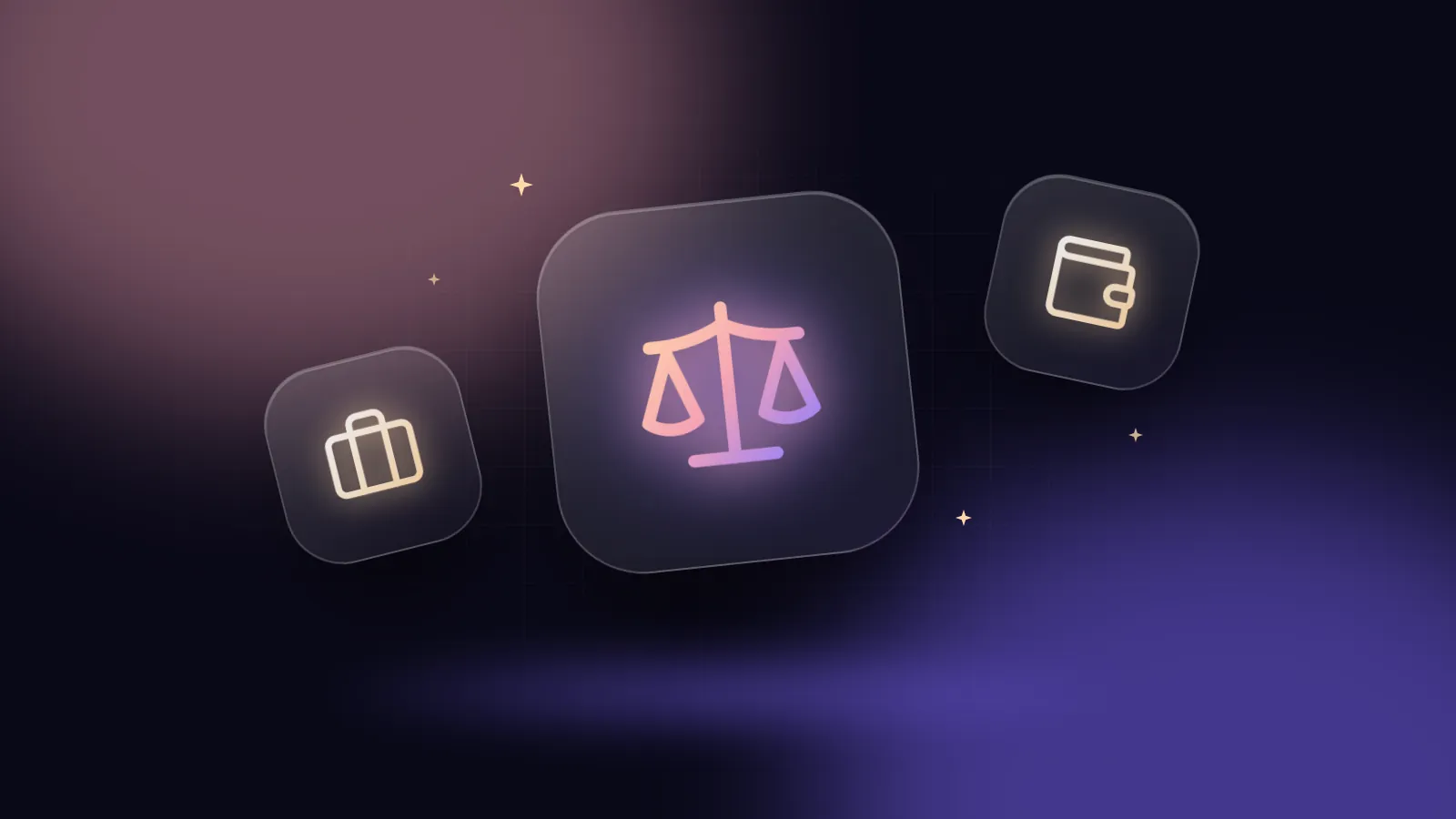 Glass tiles with a balance scale between a briefcase and a wallet on a dark gradient background
