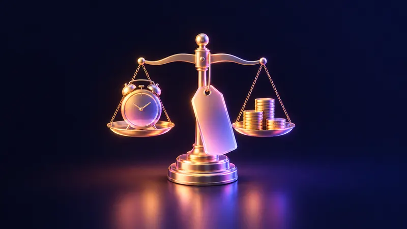 Golden balance scale weighing an alarm clock against stacks of coins, with a blank price tag