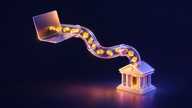 Gold coins flowing from a laptop through a glass pipe into a bank building
