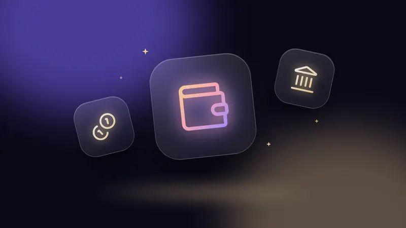 Glass tiles with a wallet, coins and a bank icon on a dark gradient background