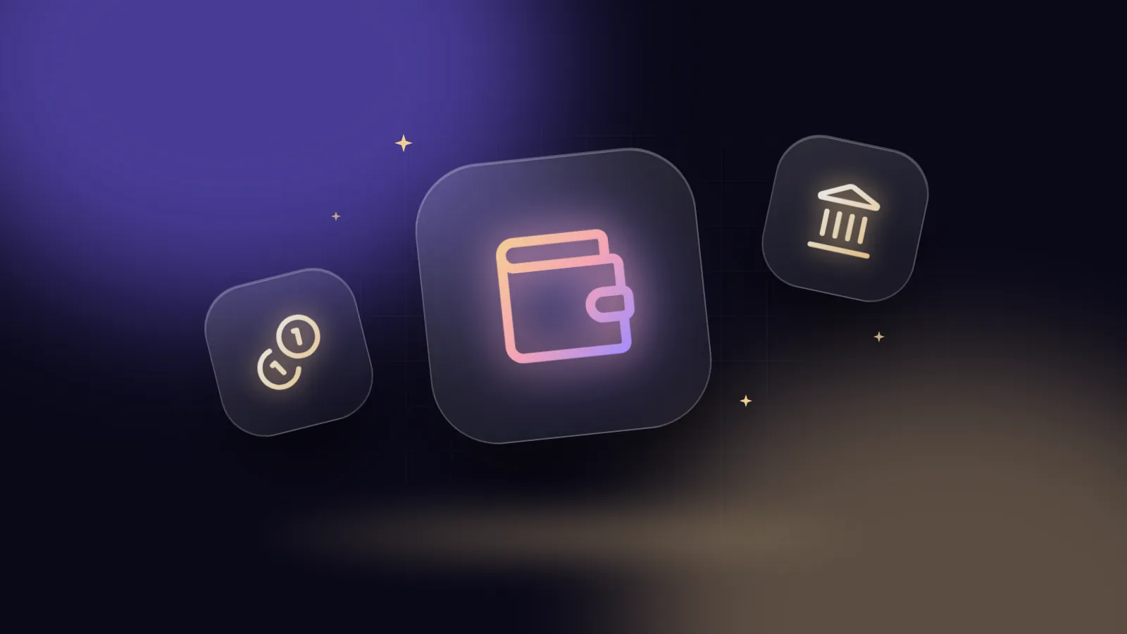 Glass tiles with a wallet, coins and a bank icon on a dark gradient background